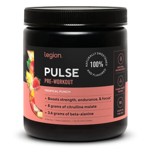 Legion Pulse Pre Workout Supplement - All Natural Nitric Oxide Preworkout Drink to Boost Energy, Creatine Free, Naturally Sweetened, Beta Alanine, Citrulline, Alpha GPC (Tropical Punch)