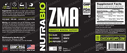 NutraBio ZMA Vegetable Supplement - Anabolic Mineral Support - 90 Capsules - Recovery, Growth, Sleep - Zinc, Magnesium, and B6 Formula