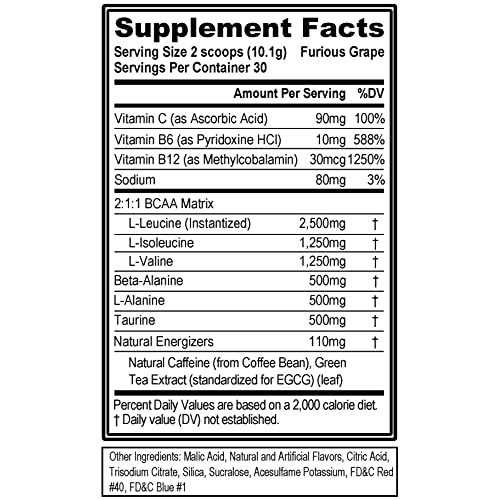 EVL BCAAs Amino Acids Powder - Rehydrating BCAA Powder Post Workout Recovery Drink with Natural Caffeine - BCAA Energy Pre Workout Powder for Muscle Recovery Lean Growth and Endurance - Furious Grape