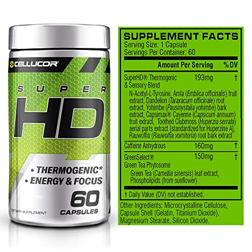 Cellucor Super HD Thermogenic Fat Burner Weight Loss Supplement, Appetite Suppressant, & Energy Booster Capsimax, Green Tea Extract, 160mg Caffeine & More 60 Capsules (Packaging May Vary)