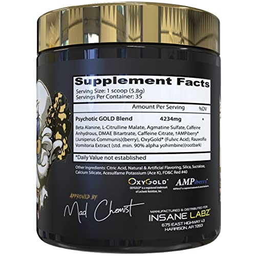 Insane Labz Psychotic Gold, High Stimulant Pre Workout Powder, Extreme Lasting Energy, Focus, Pumps and Endurance with Beta Alanine, DMAE Bitartrate, Citrulline, NO Booster, 35 Srvgs, Gummy Candy