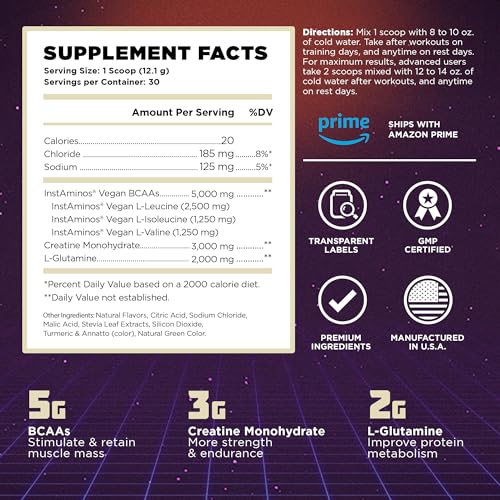 Vintage Build â Post Workout Recovery & Muscle Building Drink â Supports Muscular Strengh & Growth + Reduces Soreness â With Creatine Monohydrate, BCAAs, & L-Glutamine â Natural Flavors â 30 Servings