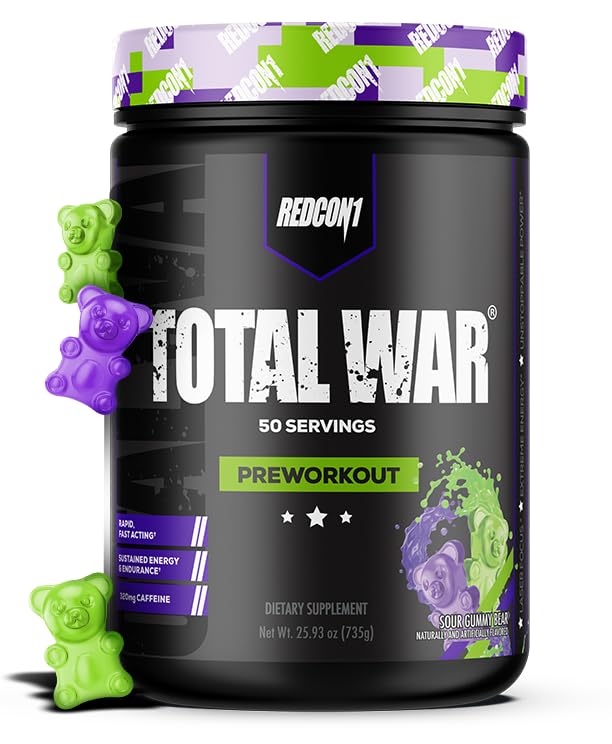 REDCON1 Total War Pre Workout Powder - Caffeinated Energy Powder with Beta Alanine for Enhanced Muscular Endurance - Fast Acting Preworkout with L Citrulline, Sour Gummy Bear (50 Servings)