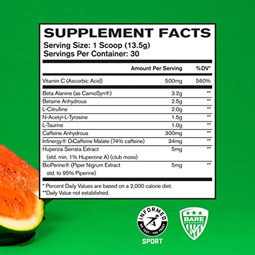 BARE PERFORMANCE NUTRITION, BPN Flight Pre Workout, Sour Watermelon, Energy, Focus & Endurance Without The Crash, Formulated with Caffeine Anhydrous, DiCaffeine Malate, N-Acetyl Tyrosine, 30 Servings