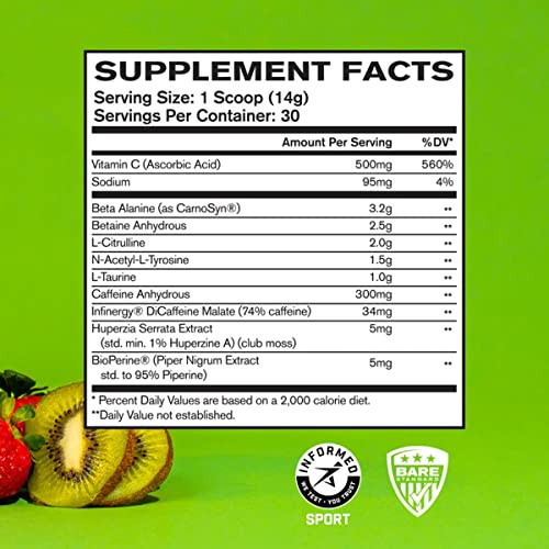 BARE PERFORMANCE NUTRITION, BPN Flight Pre Workout, Strawberry Kiwi, Energy, Focus & Endurance Without The Crash, Formulated with Caffeine Anhydrous, DiCaffeine Malate, N-Acetyl Tyrosine, 30 Servings