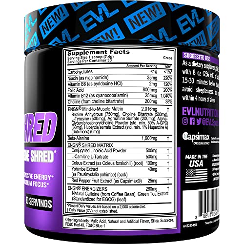 EVL Ultimate Pre Workout Powder - Thermogenic Fat Burn Support Preworkout Powder Drink for Lasting Energy Focus and Stamina - ENGN Shred Intense Creatine Free Preworkout Drink Mix - Grape