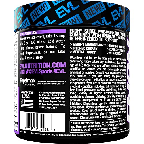 EVL Ultimate Pre Workout Powder - Thermogenic Fat Burn Support Preworkout Powder Drink for Lasting Energy Focus and Stamina - ENGN Shred Intense Creatine Free Preworkout Drink Mix - Grape