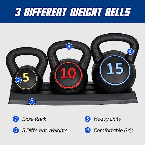 F2C 3-Piece Kettlebell Set 5lb, 10lb, 15lb with Rack