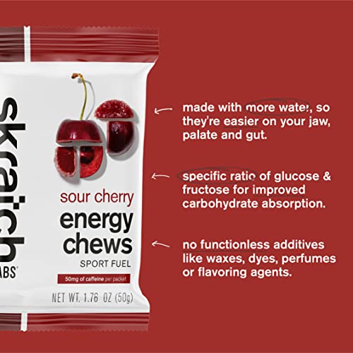 SKRATCH LABS Sport Energy Chews, Sour Cherry with Caffeine (10 Pack) - Developed for Athletes and Sports Performance, Gluten Free, Dairy Free, Vegan
