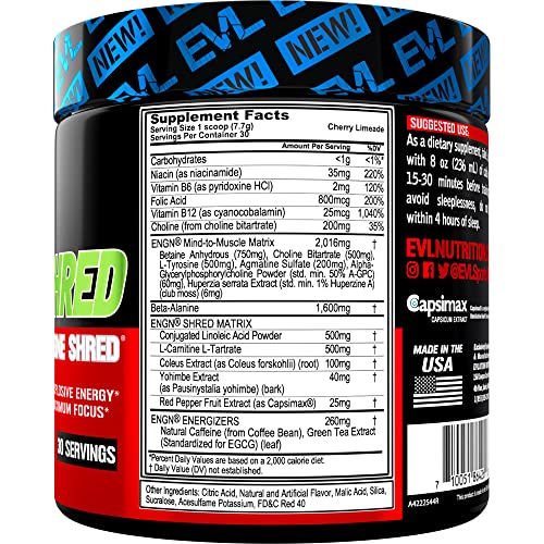 EVL Ultimate Pre Workout Powder - Thermogenic Fat Burn Support Preworkout Powder Drink for Lasting Energy Focus and Stamina - ENGN Shred Intense Creatine Free Preworkout Drink Mix - Cherry Limeade