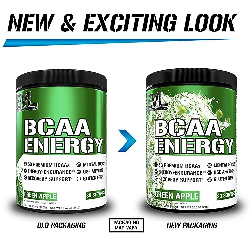 EVL BCAAs Amino Acids Powder - Rehydrating BCAA Powder Post Workout Recovery Drink with Natural Caffeine - BCAA Energy Pre Workout Powder for Muscle Recovery Lean Growth and Endurance - Green Apple