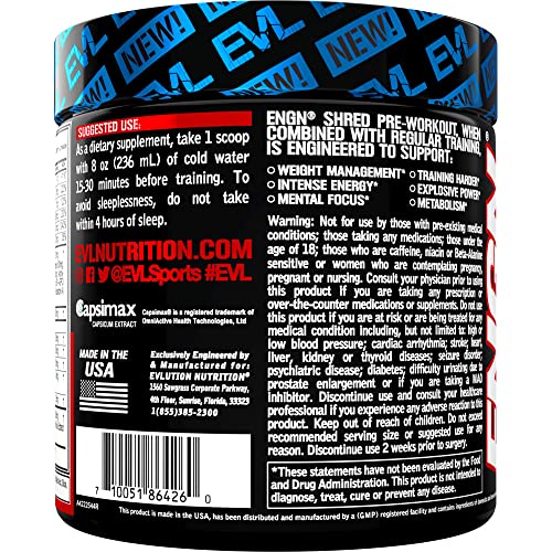 EVL Ultimate Pre Workout Powder - Thermogenic Fat Burn Support Preworkout Powder Drink for Lasting Energy Focus and Stamina - ENGN Shred Intense Creatine Free Preworkout Drink Mix - Cherry Limeade