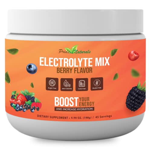 Pride Naturals Electrolyte Powder, No Sugar Hydration Drink for Energy and Immune Support, Sugar Free Keto Electrolytes Powder with Vitamin C, Calcium, Potassium, Zinc (198g, Berry)