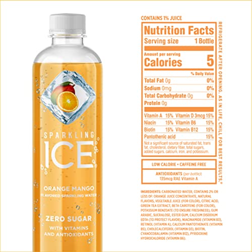 Sparkling Ice, Orange Mango Sparkling Water, Zero Sugar Flavored Water, with Vitamins and Antioxidants, Low Calorie Beverage, 17 fl oz Bottles (Pack of 12)