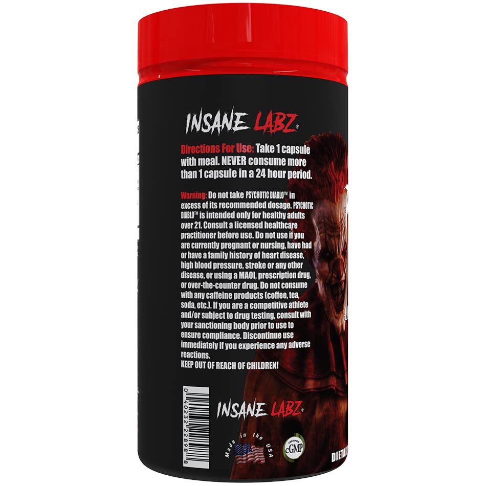 Insane Labz Psychotic Diablo Thermogenic Fat Burner for Men and Women with Grains of Paradise Theobromine Dandelion Root Extract Fueled by AMPiberry, Appetite Suppressant - 60 Servings