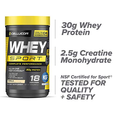 Cellucor Whey Sport Protein Powder, Post Workout Recovery Drink with Whey Protein Isolate, Creatine & Glutamine, Vanilla, 18 Servings