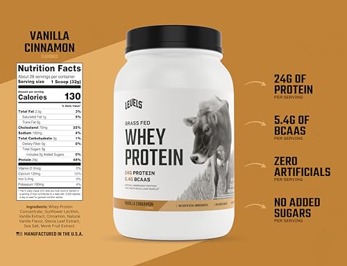 Levels Grass Fed 100% Whey Protein, No Hormones, Vanilla Cinnamon, 2LB
