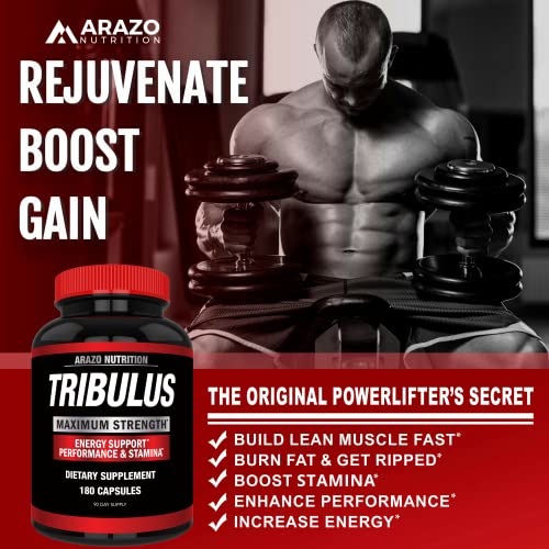 Tribulus Terrestris Extract Powder - Testosterone Booster with Estrogen Blocker - Arazo Nutrition USA - 180 Capsules