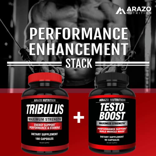 Tribulus Terrestris Extract Powder - Testosterone Booster with Estrogen Blocker - Arazo Nutrition USA - 180 Capsules
