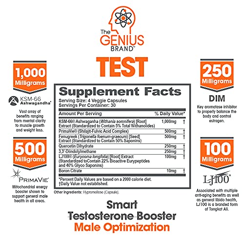 Genius Test - The Smart Testosterone Booster For Men | Natural Energy Supplement, Brain & Libido Support, Fat Loss | Muscle Builder with Ksm-66 Ashwagandha, Shilajit and Tongkat Ali, 120 Veggie Pills