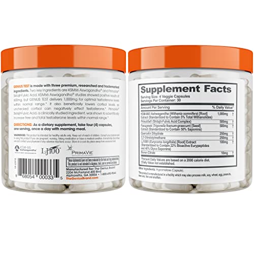 Genius Test - The Smart Testosterone Booster For Men | Natural Energy Supplement, Brain & Libido Support, Fat Loss | Muscle Builder with Ksm-66 Ashwagandha, Shilajit and Tongkat Ali, 120 Veggie Pills