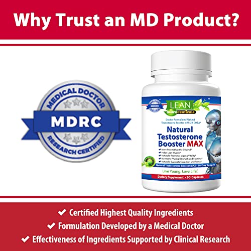 Lean Nutraceuticals Md Certified Testosterone Booster for Men Max Natural Actives Metabolism Booster Muscle Builder Tongkat Ali, Tribulus Territis, Horny Goat, Dhea, DAA, Fenugreek 90 Caps