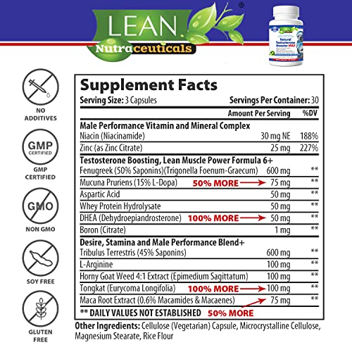 Lean Nutraceuticals Md Certified Testosterone Booster for Men Max Natural Actives Metabolism Booster Muscle Builder Tongkat Ali, Tribulus Territis, Horny Goat, Dhea, DAA, Fenugreek 90 Caps