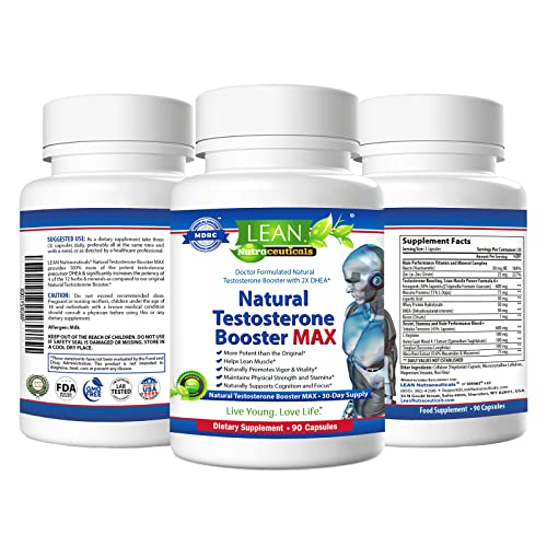 Lean Nutraceuticals Md Certified Testosterone Booster for Men Max Natural Actives Metabolism Booster Muscle Builder Tongkat Ali, Tribulus Territis, Horny Goat, Dhea, DAA, Fenugreek 90 Caps