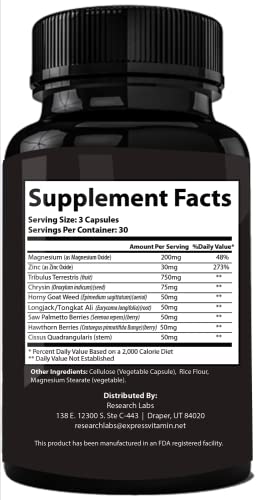Pharmacist Recommended 2 for 1 Promo(180ct) Testosterone Booster Male Enhancement by Research Labs. Increase Lean Muscle Energy & Strength w/Saw Palmetto, Tribulus, Horny Goat Weed, Zinc & More!