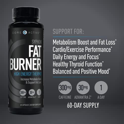 Core Active Syphon Thermogenic Fat Burner - Keto Friendly Weight Loss Supplement Pills - Advantra Z for Energy, Focus, Appetite Control Increase Metabolism Muscle Toning - 60 Capsules - 60 Day Supply
