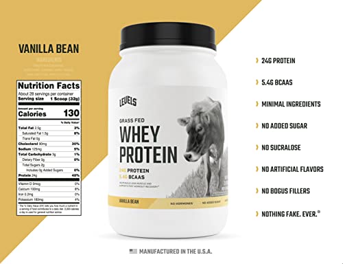 Levels Grass Fed 100% Whey Protein, No Hormones, Vanilla Bean, 2LB