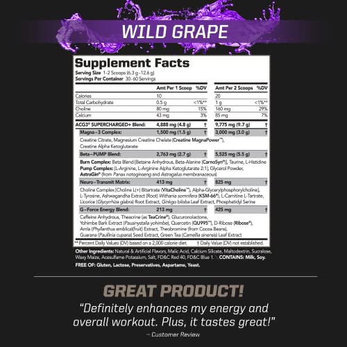 PMD Sports ACG3 Supercharged - Pre Workout - Powerful Strength, High Energy, Maximize Mental Focus, Endurance and Optimum Workout Performance for Men and Women- Wild Grape (60 Servings)