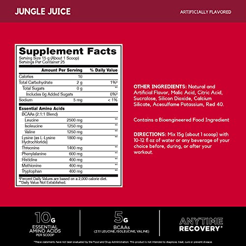 BSN Amino X EAAs, Muscle Recovery and Endurance, 10g Essential Amino Acids, 5g BCAAs, Zero Sugar, Caffeine Free, Jungle Juice, 13.2oz, 25 Servings