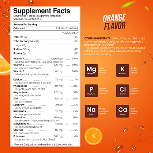 Pride Naturals Electrolyte Powder, No Sugar Hydration Drink for Energy and Immune Support, Sugar Free Keto Electrolytes Powder with Vitamin C, Calcium, Potassium, Zinc (198g, Orange)