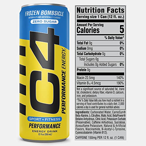 C4 Energy Drink 12oz (Pack of 24) - Frozen Bombsicle - Sugar Free Pre Workout Performance Drink with No Artificial Colors or Dyes