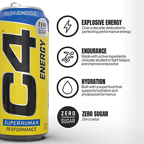 C4 Energy Drink 16oz (Pack of 12) - Frozen Bombsicle - Sugar Free Pre Workout Performance Drink with No Artificial Colors or Dyes