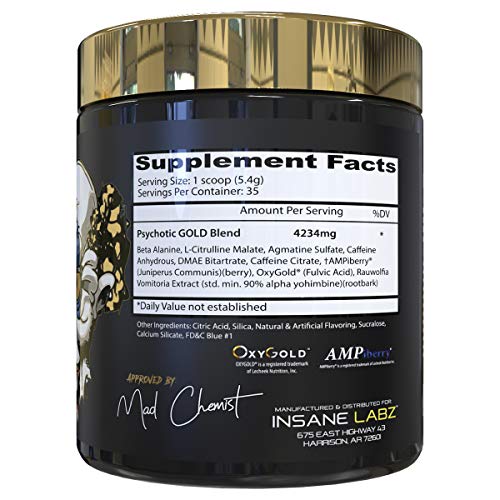 Insane Labz Psychotic Gold, High Stimulant Pre Workout Powder, Extreme Lasting Energy, Focus, Pumps and Endurance with Beta Alanine, DMAE Bitartrate, Citrulline, NO Booster, 35 Srvgs