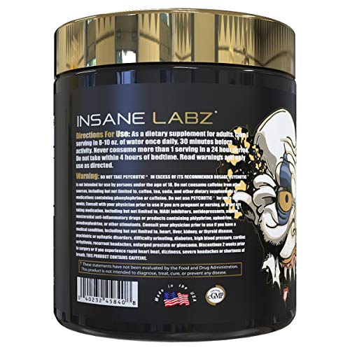 Insane Labz Psychotic Gold, High Stimulant Pre Workout Powder, Extreme Lasting Energy, Focus, Pumps and Endurance with Beta Alanine, DMAE Bitartrate, Citrulline, NO Booster, 35 Srvgs