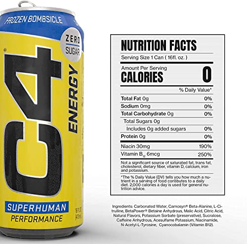 C4 Energy Drink 16oz (Pack of 12) - Frozen Bombsicle - Sugar Free Pre Workout Performance Drink with No Artificial Colors or Dyes