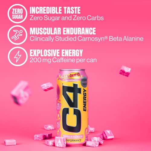 Cellucor C4 Energy Drink, STARBURST Strawberry, Carbonated Sugar Free Pre Workout Performance Drink with no Artificial Colors or Dyes, Pack of 12