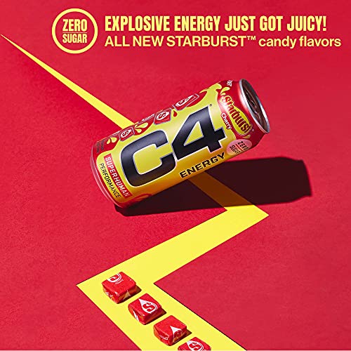 Cellucor C4 Energy Drink, STARBURST Strawberry, Carbonated Sugar Free Pre Workout Performance Drink with no Artificial Colors or Dyes, Pack of 12