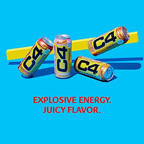 Cellucor C4 Energy Drink, STARBURST Strawberry, Carbonated Sugar Free Pre Workout Performance Drink with no Artificial Colors or Dyes, Pack of 12