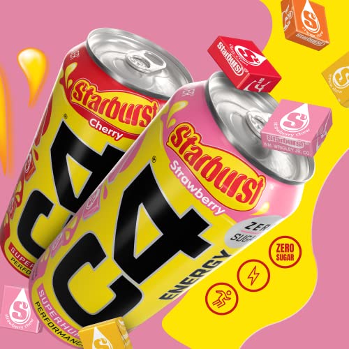 Cellucor C4 Energy Drink, STARBURST Strawberry, Carbonated Sugar Free Pre Workout Performance Drink with no Artificial Colors or Dyes, Pack of 12