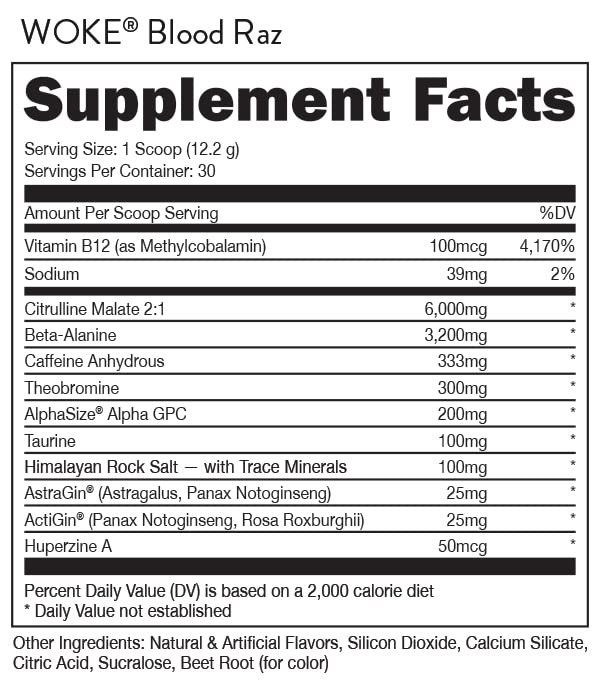 Bucked Up - Woke - HIGH STIM Pre Workout - Best Tasting - Focus Nootropic, Pump, Strength and Growth, 30 Servings (Blood Raz)
