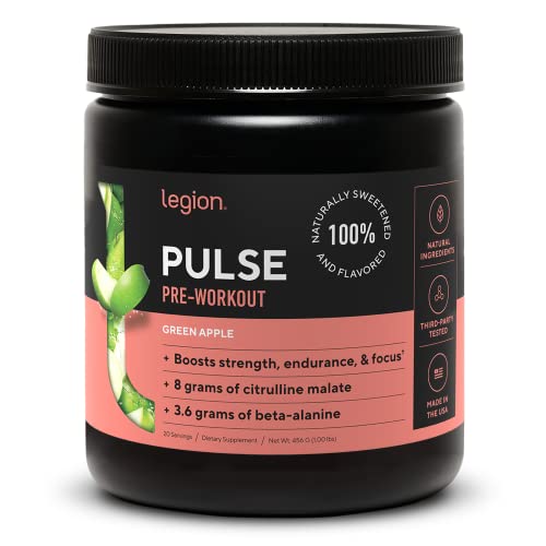 Legion Pulse Pre Workout Supplement - All Natural Nitric Oxide Preworkout Drink to Boost Energy, Creatine Free, Naturally Sweetened, Beta Alanine, Citrulline, Alpha GPC (Green Apple)