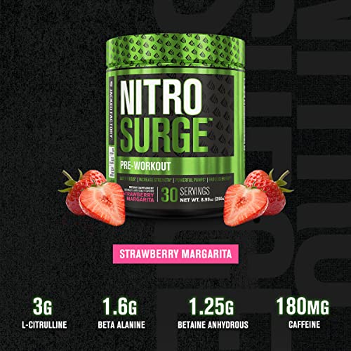 NITROSURGE Pre Workout Supplement - Endless Energy, Instant Strength Gains, Clear Focus, Intense Pumps - Nitric Oxide Booster & Powerful Preworkout Energy Powder - 30 Servings, Strawberry Margarita