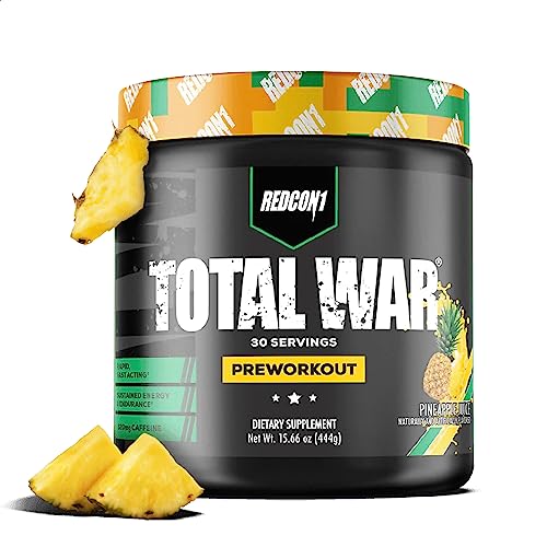 REDCON1 Total War Preworkout - Contains 320mg of Caffeine from Green Tea, Juniper & Beta Alanine - Pre Work Out with Amino Acids to Increase Pump, Energy + Endurance (Pineapple Juice, 30 Servings)