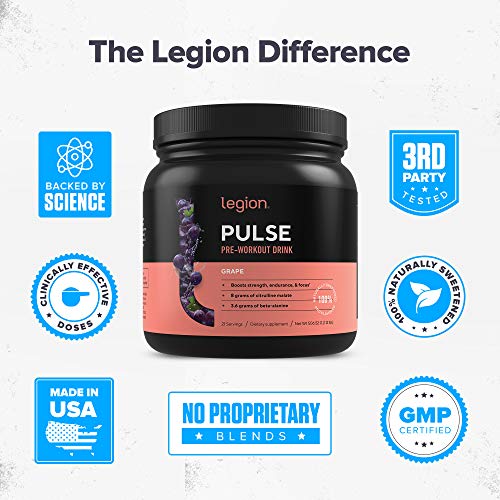 LEGION Pulse Pre Workout Supplement - All Natural Nitric Oxide Preworkout Drink to Boost Energy, Creatine Free, Naturally Sweetened, Beta Alanine, Citrulline, Alpha GPC (Grape)
