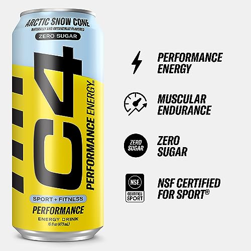 Cellucor C4 Carbonated Zero Sugar Energy Pre Workout Drink + Beta Alanine, (NEW) Sparkling Arctic Snow Cone, 16 Fl Oz, Pack of 12
