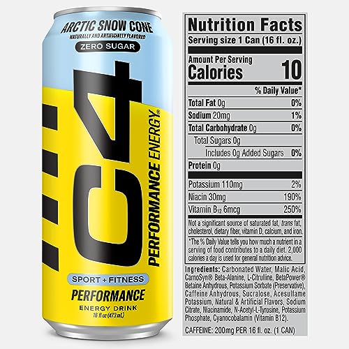 Cellucor C4 Carbonated Zero Sugar Energy Pre Workout Drink + Beta Alanine, (NEW) Sparkling Arctic Snow Cone, 16 Fl Oz, Pack of 12